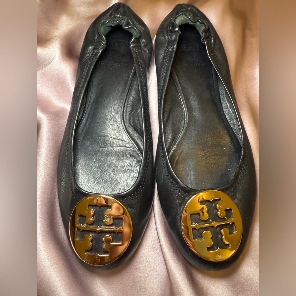 Tory Burch Black Leather Ballet Flats with Gold Logo Medallions - Picture 3 of 7